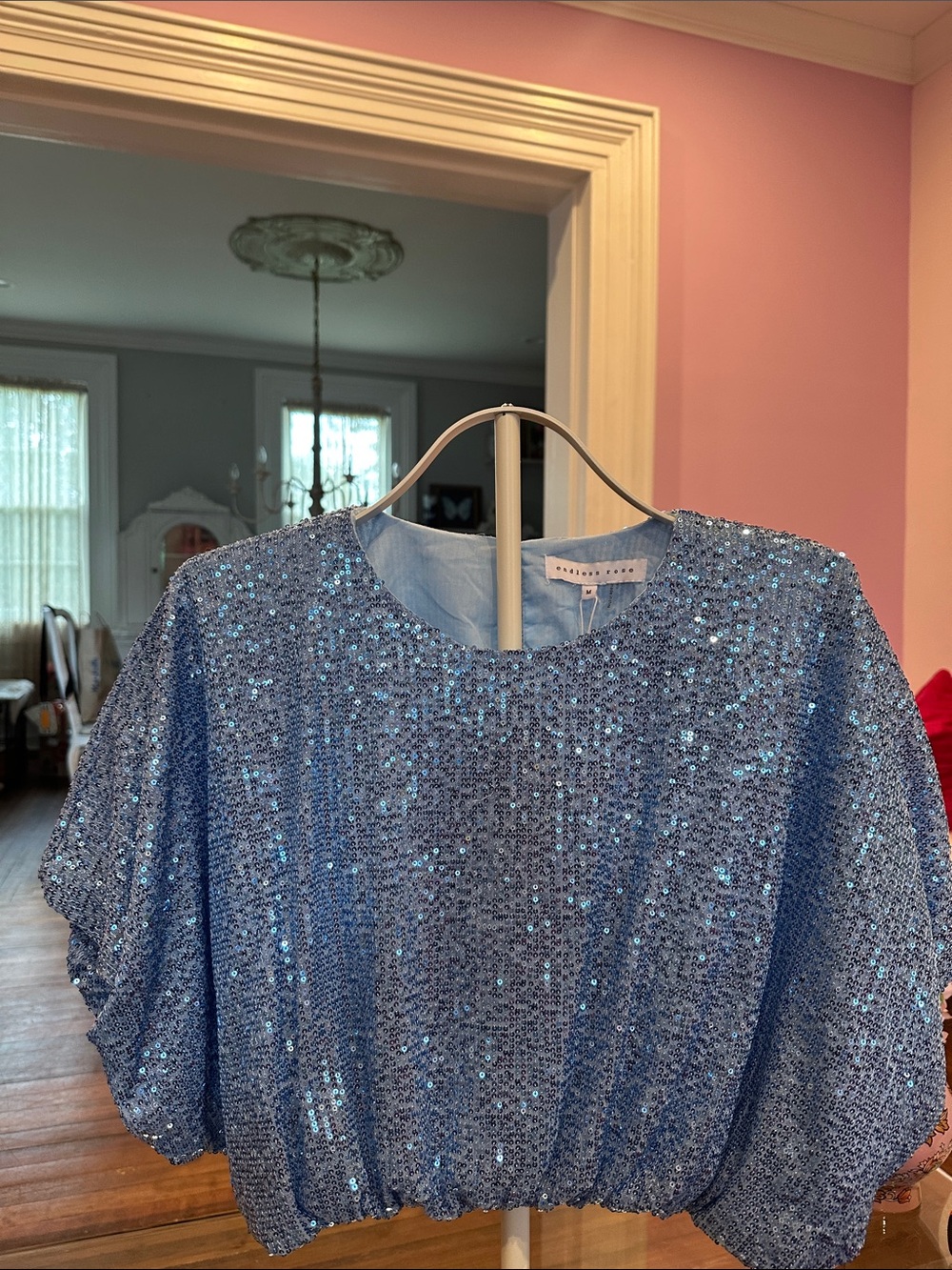 Endless Rose Sky Blue Sequin Blouson Crop Top